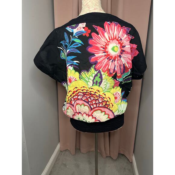 EUC Desigual Blouse Sz Black Multicolored Floral Print Sz Large 100% Cotton - Picture 2 of 6